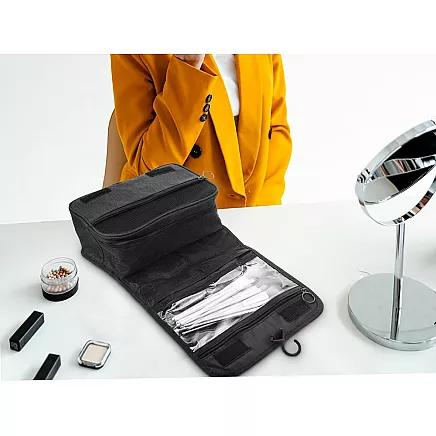 Travel cosmetics bag, hanging organiser for the bathroom, with zip, hook and handle