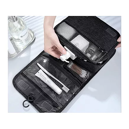 Travel cosmetics bag, hanging organiser for the bathroom, with zip, hook and handle