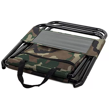 Saliekams makšķernieku tūrisma krēsls ar atzveltni un somu, kamuflāža