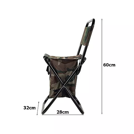 Saliekams makšķernieku tūrisma krēsls ar atzveltni un somu, kamuflāža