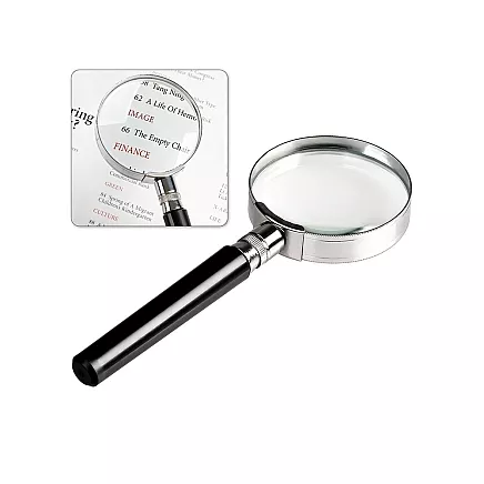 Palielināmais stikls 60 mm, klasiska lupa ar metāla ietvaru, sudraba-melna