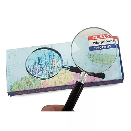 Palielināmais stikls 60 mm, klasiska lupa ar metāla ietvaru, sudraba-melna