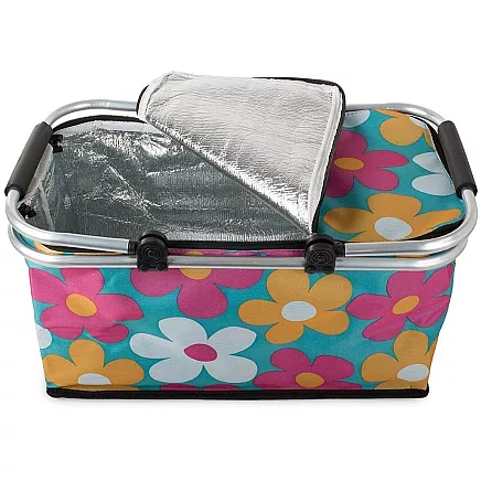 Termogrozāmu saliekams piknika/iepirkumu grozs, zaļš ar ziediem