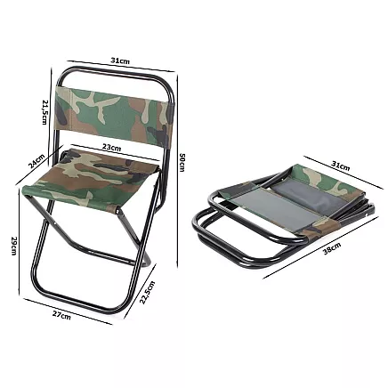 Saliekams makšķernieku tūrisma krēsls ar atzveltni, kamuflāža