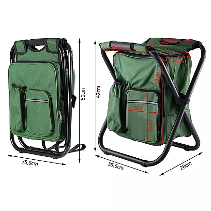 Saliekams makšķernieku krēsls ar mugursomu un termopiedevu, zaļš