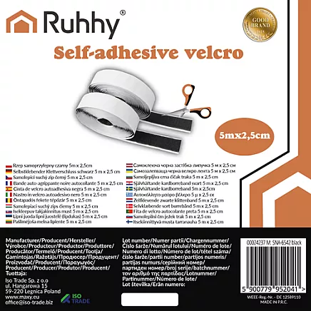 Self-adhesive Velcro black 5m x 2.5cm Ruhhy 24237