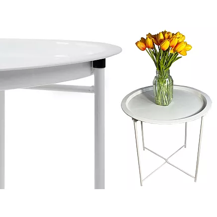 Round metal folding coffee table with tray for balcony terrace loft white