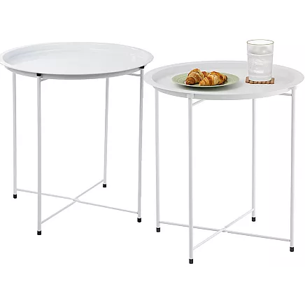 Round metal folding coffee table with tray for balcony terrace loft white