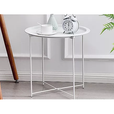 Round metal folding coffee table with tray for balcony terrace loft white