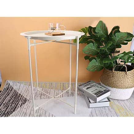 Round metal folding coffee table with tray for balcony terrace loft white