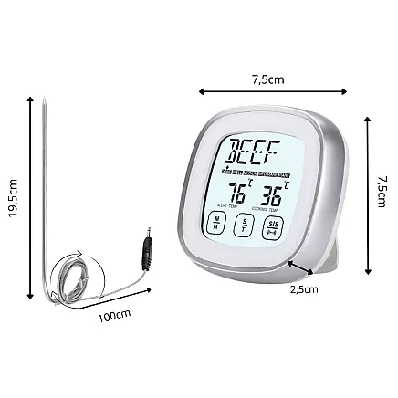 Meat thermometer with probe – digital touchscreen kitchen thermometer for cooking with lcd display