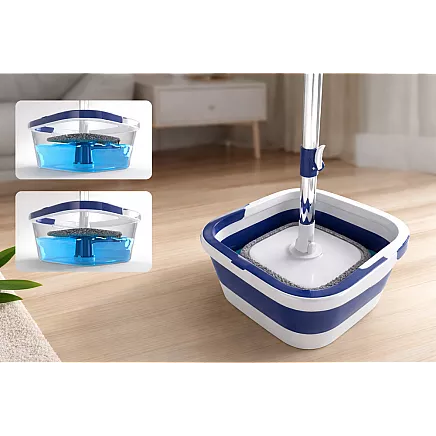360° flat swivel mop with foldable bucket – 2-pack microfibre rotating bucket