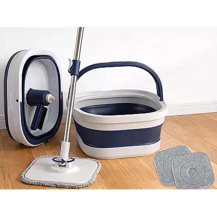 360° flat swivel mop with foldable bucket – 2-pack microfibre rotating bucket
