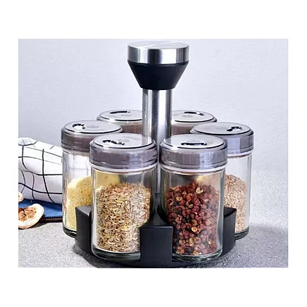 Garšvielu organizators ar rotējošu pamatni, 6 stikla trauki