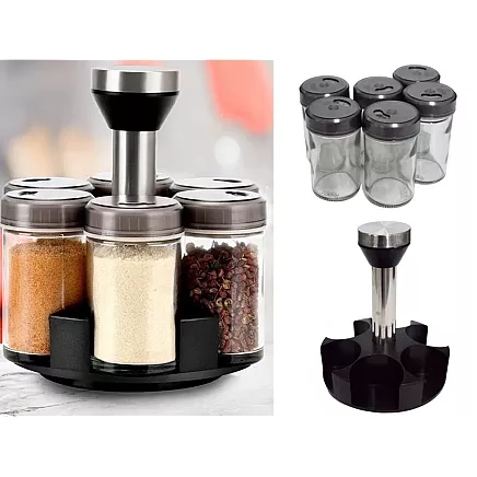 Garšvielu organizators ar rotējošu pamatni, 6 stikla trauki