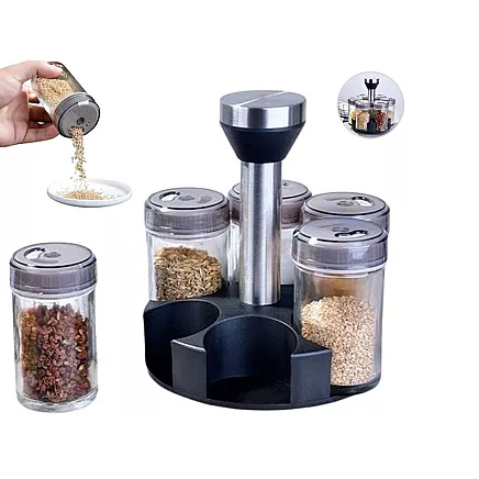 Garšvielu organizators ar rotējošu pamatni, 6 stikla trauki