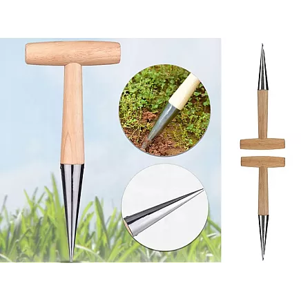 Stādīšanas irdinātājs ar koka rokturi un metāla mērs.