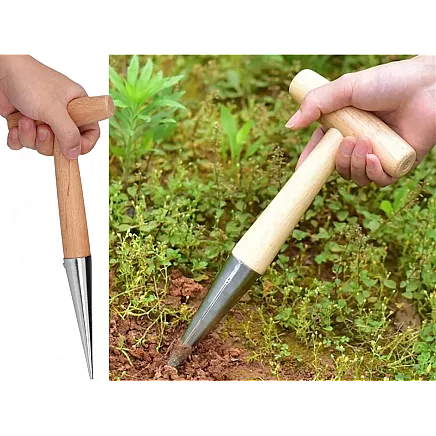 Stādīšanas irdinātājs ar koka rokturi un metāla mērs.