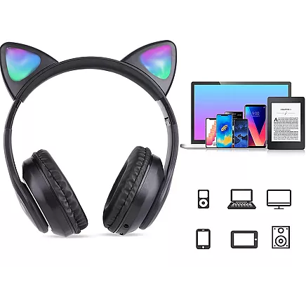 Bezvadu Bluetooth austiņas ar kaķu austiņām un LED apgaismojumu