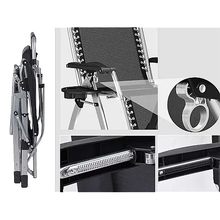 Saliekams dārza zvilnis Zero Gravity ar spilvenu, pastiprināts, melns