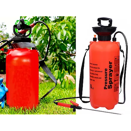 Dārza spiediena smidzinātājs ar garu stobru un siksnu, 10L, oranžs