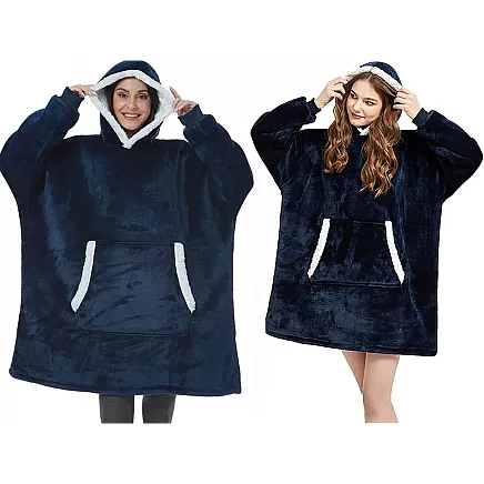 Silts oversize džemperis-sega 2in1 ar kapuci un kabatu, tumši zils