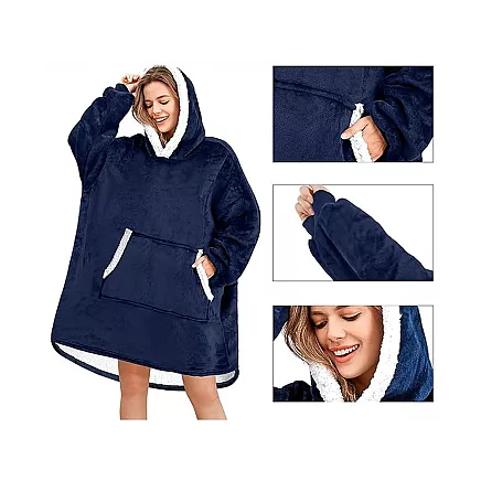 Silts oversize džemperis-sega 2in1 ar kapuci un kabatu, tumši zils