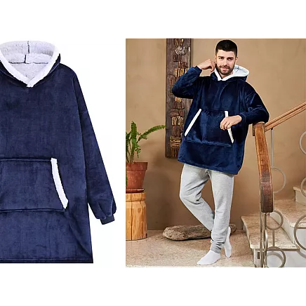 Silts oversize džemperis-sega 2in1 ar kapuci un kabatu, tumši zils