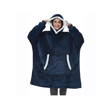 Silts oversize džemperis-sega 2in1 ar kapuci un kabatu, tumši zils