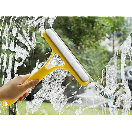 Squeegee window washer with washer brush cab spray