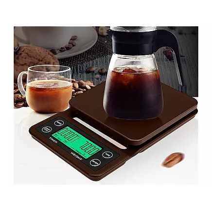 Precīzie elektroniskie kafijas virtuves svari ar taimeri 5kg 0,1g, brūni