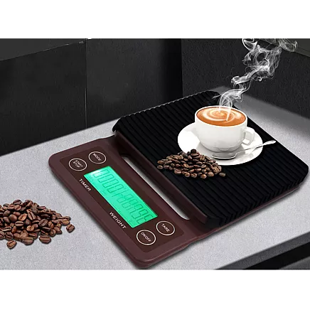 Precīzie elektroniskie kafijas virtuves svari ar taimeri 5kg 0,1g, brūni