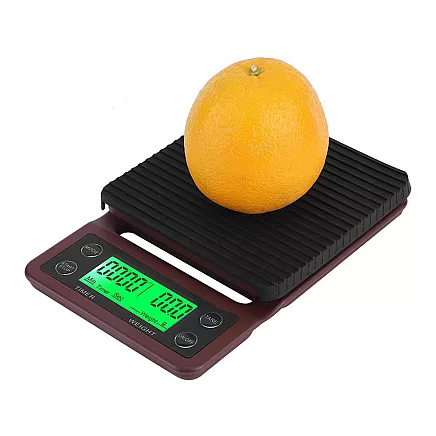 Precīzie elektroniskie kafijas virtuves svari ar taimeri 5kg 0,1g, brūni