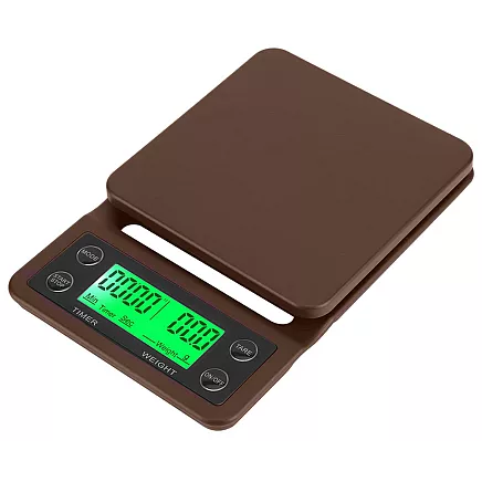 Precīzie elektroniskie kafijas virtuves svari ar taimeri 5kg 0,1g, brūni