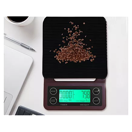 Precīzie elektroniskie kafijas virtuves svari ar taimeri 5kg 0,1g, brūni