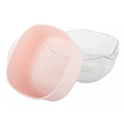 Dubultā bļoda ar sietiņu augļu mazgāšanai, plastmasa, ecru/rozā/zaļa