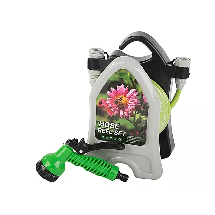 Garden waterring hose on a stand with a coiled spray gun 10m