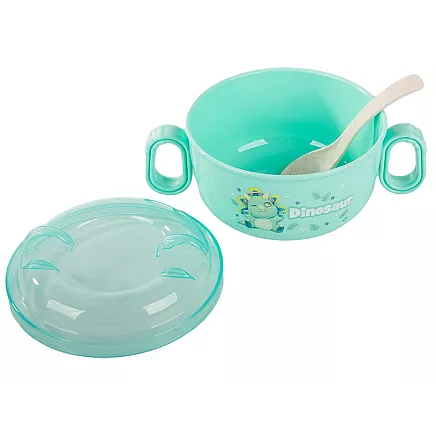 Bērnu barošanas komplekts: bļodiņa ar vāku, rokturiem un karoti