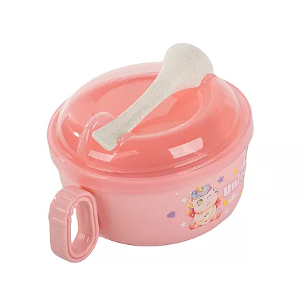 Bērnu barošanas komplekts: bļodiņa ar vāku, rokturiem un karoti