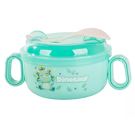 Bērnu barošanas komplekts: bļodiņa ar vāku, rokturiem un karoti