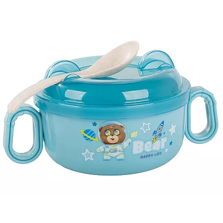 Bērnu barošanas komplekts: bļodiņa ar vāku, rokturiem un karoti