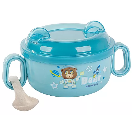 Bērnu barošanas komplekts: bļodiņa ar vāku, rokturiem un karoti