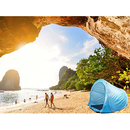 Pašatverams pludmales telts ar rāvējslēdzēju, liels, pop-up, pārnēsājams, zils
