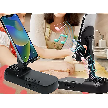 Teleskopisks telefona statīvs ar Bluetooth skaļruni un power bank, melns