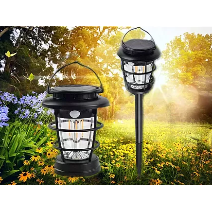 Saules dārza lampa LED laterna ar kustības sensoru USB, melna