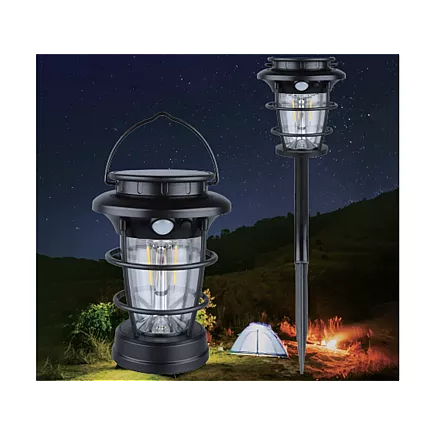 Saules dārza lampa LED laterna ar kustības sensoru USB, melna