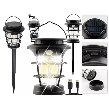 Saules dārza lampa LED laterna ar kustības sensoru USB, melna