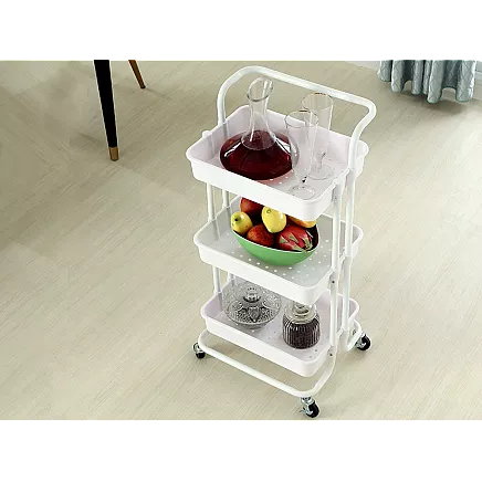 Bathroom shelf, kitchen cabinet, mobile rack on wheels, 3 levels, white