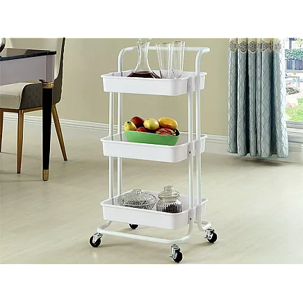 Bathroom shelf, kitchen cabinet, mobile rack on wheels, 3 levels, white