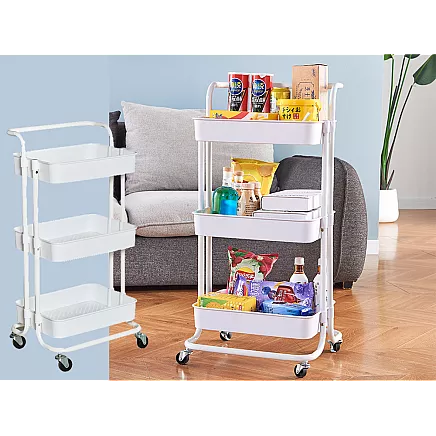 Bathroom shelf, kitchen cabinet, mobile rack on wheels, 3 levels, white